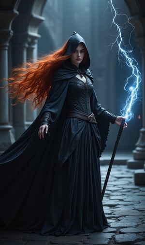 photorealistic image of a beautiful woman, long red hair, slim body, tall, ((black robe short magical skirt)), ((black cape and hood)), ((casting an electric spell with his magic staff)), ((in a castle room medieval fantasy), masterpiece, ultra image quality, high detail, sharp focus