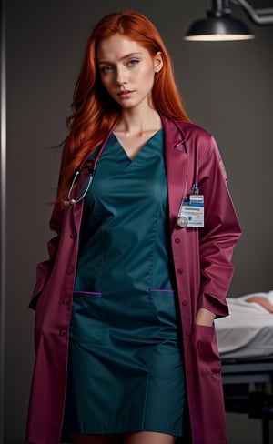 super realistic image, high quality uhd 8K, of 1 girl, detailed realistic ((slim body, high detailed)), (tall model), redhead, long ginger hair, high detailed realistic skin, (ICU emergency doctor uniform), real vivid colors, standing,girl,LABCOAT OVER SCRUBS