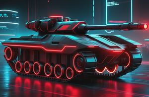 photorealistic image, masterpiece, high quality 8K, of a futuristic science fiction fantasy ((super flying tank)), Tron legacy, black and red neon lights, good lighting, at night, sharp focus