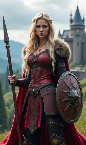 a female viking warrior, full body, blue eyes, long blonde hair, slim body, sexy red armor ornate with runes, fur cape, holding a powerful battle spear and shield, fantasy landscape, a medieval castle in the background, dramatic lighting, cinematic composition, epic fantasy, Artstation, intricate details, super realistic, high quality UHD, 8k, sharp focus