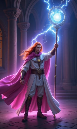 photorealistic image of a beautiful man, long red hair, slim body, tall, ((white robe short magical pants)), ((fuchsia cape and hood)), ((casting an electric spell with his magic staff)), ((in a castle room medieval fantasy), masterpiece, ultra image quality, high detail, sharp focus