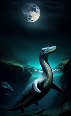 at night, beautiful creature under the water, Nessy plesiosaur Scottish mythology, fantasy atmosphere, swimming under Loch Ness, moonlight, good lighting, submerged photorealistic image, masterpiece, high quality, sharp focus