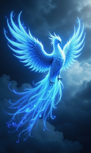 Photorealistic image ((Masterpiece)), ((high quality)) UHD 8K, of a beautiful and spectacular Phoenix, a bird of blue fire, in a stormy sky, wings of blue flaming fire spread with great brilliance, epic fantastic mythology of great power and realism, realistic photography, natural lighting, professional DSLR camera