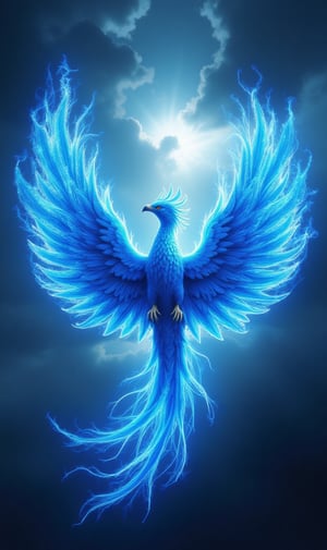 Photorealistic image ((Masterpiece)), ((high quality)) UHD 8K, of a beautiful and spectacular Phoenix, a bird of blue fire, in a stormy sky, wings of blue flaming fire spread with great brilliance, epic fantastic mythology of great power and realism, realistic photography, natural lighting, professional DSLR camera