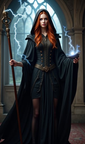 photorealistic image of a beautiful woman, long red hair, slim body, tall, ((black robe short magical skirt)), ((black cape and hood)), ((casting an electric spell with his magic staff)), ((in a castle room medieval fantasy), masterpiece, ultra image quality, high detail, sharp focus