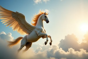 Photorealistic image ((Masterpiece)), ((high quality)) UHD 8K, of a beautiful and spectacular mythological Pegasus, winged horse, thin body, radiating immense power, long golden hair, giant wings of great magnitude spread, riding through the sky flying, epic fantastic mythology of great power and realism, realistic. photography, natural lighting, professional DSLR camera