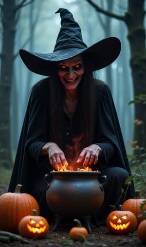 A demonic, scary witch, evil smiling face, long straight hair, sallow skin, black witch dress, pointed witch hat, preparing a spelled brew in the cauldron, deep in the forest, horror movie image, halloween horror, demonic pumpkins on the ground