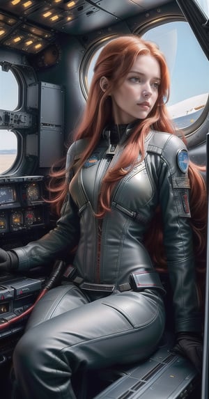 Super realistic image, high quality uhd 8K, of 1 pilot girl, realistically detailed ((slim body, highly detailed)), (tall model), redhead, long red hair, highly detailed realistic skin, (camera view from outside the plane), (((sitting, piloting a futuristic fighter plane))), (futuristic fighter pilot suit), very bright colors, sitting in the cockpit of the fighter plane