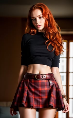 super realistic image, high quality uhd 8K, of 1 girl, detailed realistic ((slim body, high detailed)), (tall model), redhead long ginger hair, high detailed realistic skin, (tight top and sexy plaid mini skirt with belt), real vivid colors, standing,girl