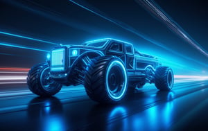 long Tron-like super monster truck, super big wheels, racing along a futuristic city road, blue ice lights, neon lights windows, shiny metal, at night, super high quality realistic cinematic image, 8k, sharp focus