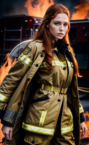 super realistic image, high quality uhd 8K, of 1 girl, detailed realistic ((slim body, high detailed)), (tall model), redhead, long ginger hair, high detailed realistic skin, (firefighter uniform against fire), (irefighter large coat), real vivid colors, standing