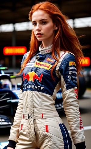 super realistic image, high quality uhd 8K, of 1 girl, detailed realistic ((slim body, high detailed)), (skinny waist), (tall model), redhead, long ginger hair, high detailed realistic skin, (formula one racing driver uniform), real vivid colors, standing,girl,
