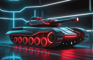 photorealistic image, masterpiece, high quality 8K, of a futuristic science fiction fantasy super tank, Tron legacy, black and red neon lights, good lighting, at night, sharp focus