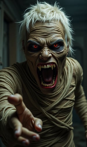 horror atmosphere, Egyptian mummy, open mouth, bloody teeth, rotten mummy bandage, white ragged hair, red eyes, bandage all over the body, face and head, extending his hands towards the viewer, in an old and abandoned mansion, place gloomy, super realistic image, high quality and definition, sharp focus