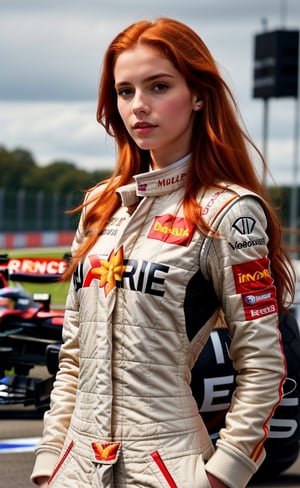 super realistic image, high quality uhd 8K, of 1 girl, detailed realistic ((slim body, high detailed)), (tall model), redhead, long ginger hair, high detailed realistic skin, (formula one racing driver uniform), real vivid colors, standing,girl,