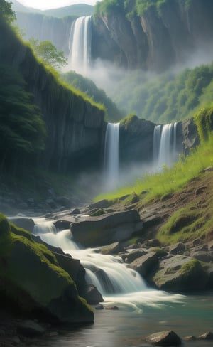 at day, beautiful waterfall between mountains, torrent of falling water, fantasy atmosphere, green environment, river, good lighting, photorealistic image, masterpiece, high quality, sharp focus
