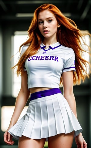 super realistic image, high quality uhd 8K, of 1 girl, detailed realistic ((slim body, high detailed)), (tall model), redhead, long ginger hair, high detailed realistic skin, (cheerleader white uniform long miniskirt), real vivid colors, standing