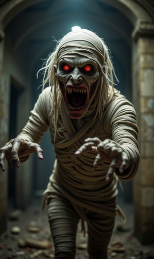 horror atmosphere, Egyptian mummy, open mouth, bloody teeth, rotten mummy bandage, white ragged hair, red eyes, bandage all over the body, face and head, extending his hands towards the viewer, in an old and abandoned mansion, place gloomy, super realistic image, high quality and definition, sharp focus