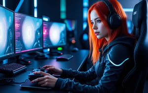 Very detailed and visually stunning realistic photograph of a beautiful young female player, with a slim and athletic body. She is sitting in an ergonomic gaming chair, surrounded by a futuristic configuration of computer equipment for playing video games, with neon lights illuminating the scene. The background features glowing screens and gaming equipment, casting a soft blue and white glow onto it. Her long red hair is flowing and she is wearing a sleek, futuristic outfit that subtly accentuates her figure. He is amused and excited as he clutches a high-end game controller, his striking eyes shining in the light from the screens. Lighting should enhance your beauty, with deep shadows and high-contrast highlights that highlight your sharp features and the shiny texture of your game settings. The overall scene should be dynamic, modern and slightly sensual, capturing the intensity and appeal of a top player in action