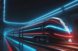 photorealistic image, masterpiece, high quality 8K, of a futuristic science fiction fantasy super long train, Tron legacy, blue and red neon lights, good lighting, at night, sharp focus