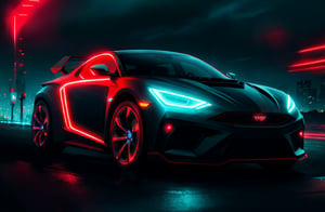 photorealistic image, masterpiece, high quality 8K, of a futuristic car, Tron legacy, black and red neon lights, good lighting, at night, sharp focus