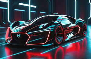 photorealistic image, masterpiece, high quality 8K, of a futuristic car, Tron legacy, black and red neon lights, good lighting, at night, sharp focus