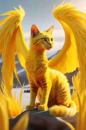 8K photorealistic image of bright yellow angelic dragon, ((yellow cat hair)), long body, ((nine cat tails)), ((bird wings))