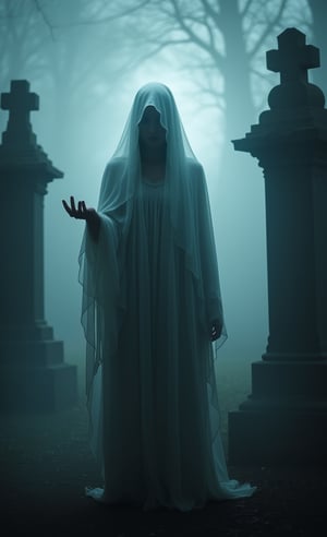 transparent ghostly woman, fading, misty, ethereal ghost, ((extending hand to viewer)), scary cemetery, gloomy foggy night