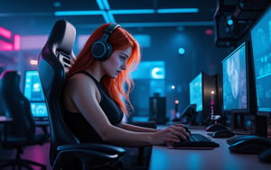 Very detailed and visually stunning realistic photograph of a beautiful young female player, with a slim and athletic body. She is sitting in an ergonomic gaming chair, surrounded by a futuristic configuration of computer equipment for playing video games, with neon lights illuminating the scene. The background features glowing screens and gaming equipment, casting a soft blue and white glow onto it. Her long red hair is flowing and she is wearing a sleek, futuristic outfit that subtly accentuates her figure. He is amused and excited as he clutches a high-end game controller, his striking eyes shining in the light from the screens. Lighting should enhance your beauty, with deep shadows and high-contrast highlights that highlight your sharp features and the shiny texture of your game settings. The overall scene should be dynamic, modern and slightly sensual, capturing the intensity and appeal of a top player in action