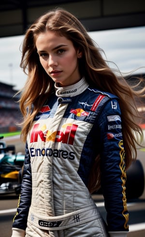 super realistic image, high quality uhd 8K, of 1 girl, detailed realistic ((slim body, high detailed)), (tall model), long bonde hair, high detailed realistic skin, (formula one racing driver uniform), real vivid colors, standing,girl,