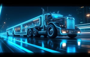 long Tron-like supertruck, racing along a futuristic city road, blue ice lights, neon lights windows, shiny metal, at night, super high quality realistic cinematic image, 8k, sharp focus