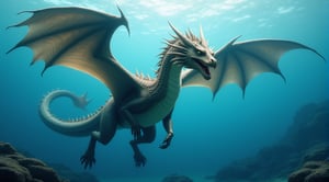 Giant mythological realistic dragon, beautiful, great wingspan, giant bird tail, diving through the ocean, submerged underwater