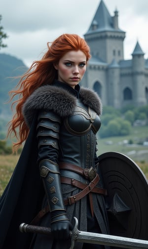 a female viking warrior, full body, blue eyes, long redhead hair, slim body, sexy black armor ornate with runes, fur cape, holding a powerful battle sword and shield, fantasy landscape, a medieval castle in the background, dramatic lighting, cinematic composition, epic fantasy, Artstation, intricate details, super realistic, high quality UHD, 8k, sharp focus