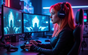 Very detailed and visually stunning realistic photograph of a beautiful young female player, with a slim and athletic body. She is sitting in an ergonomic gaming chair, surrounded by a futuristic configuration of computer equipment for playing video games, with neon lights illuminating the scene. The background features glowing screens and gaming equipment, casting a soft blue and white glow onto it. Her long red hair is flowing and she is wearing a sleek, futuristic outfit that subtly accentuates her figure. He is amused and excited as he clutches a high-end game controller, his striking eyes shining in the light from the screens. Lighting should enhance your beauty, with deep shadows and high-contrast highlights that highlight your sharp features and the shiny texture of your game settings. The overall scene should be dynamic, modern and slightly sensual, capturing the intensity and appeal of a top player in action