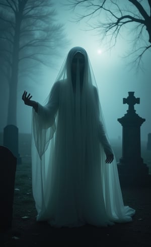 transparent ghostly woman, fading, misty, ethereal ghost, ((extending hand to viewer)), scary cemetery, gloomy foggy night