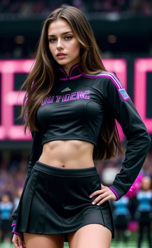 super realistic image, high quality uhd 8K, of 1 girl, detailed realistic ((slim body, high detailed)), (tall model), long brunete hair, high detailed realistic skin, (cheerleader black uniform long miniskirt), real vivid colors, standing