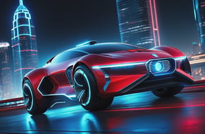 photorealistic image, masterpiece, high quality 8K, of a futuristic science fiction fantasy (((super si-fy Flying car))), Tron legacy, blue and red neon lights, good lighting, (((flying over a city))), at night, sharp focus