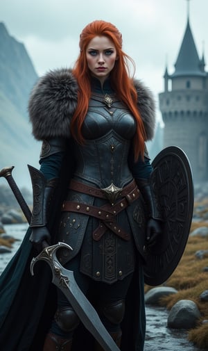 a female viking warrior, full body, blue eyes, long redhead hair, slim body, sexy black armor ornate with runes, fur cape, holding a powerful battle sword and shield, fantasy landscape, a medieval castle in the background, dramatic lighting, cinematic composition, epic fantasy, Artstation, intricate details, super realistic, high quality UHD, 8k, sharp focus