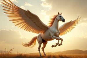 Photorealistic image ((Masterpiece)), ((high quality)) UHD 8K, of a beautiful and spectacular mythological Pegasus, winged horse, thin body, radiating immense power, long golden hair, giant wings of great magnitude spread, riding through the sky flying, epic fantastic mythology of great power and realism, realistic. photography, natural lighting, professional DSLR camera