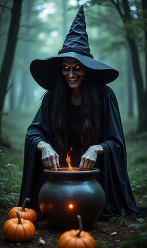 A demonic, scary witch, evil smiling face, long straight hair, sallow skin, standing, black witch dress, pointed witch hat, preparing a spelled brew in the cauldron, deep in the forest, horror movie image, halloween horror, demonic pumpkins on the ground