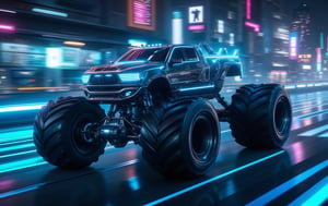 long Tron-like super monster truck, super big wheels, racing along a futuristic city road, blue ice lights, neon lights windows, shiny metal, at night, super high quality realistic cinematic image, 8k, sharp focus