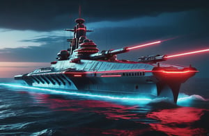 photorealistic image, masterpiece, high quality 8K, of a futuristic science fiction fantasy super long Missouri battleship with triple cannons and laser machine gun nest, Tron legacy, blue and red neon lights, good lighting, sailing through the sea, at night, sharp focus