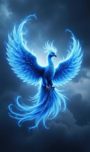 Photorealistic image ((Masterpiece)), ((high quality)) UHD 8K, of a beautiful and spectacular Phoenix, a bird of blue fire, in a stormy sky, wings of blue flaming fire spread with great brilliance, epic fantastic mythology of great power and realism, realistic photography, natural lighting, professional DSLR camera