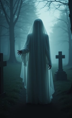 transparent ghostly woman, fading, misty, ethereal ghost, ((extending hand to viewer)), scary cemetery, gloomy foggy night