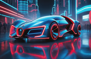 photorealistic image, masterpiece, high quality 8K, of a futuristic science fiction fantasy (((super long air car))), Tron legacy, blue and red neon lights, good lighting, ((flying in city)), at night, sharp focus