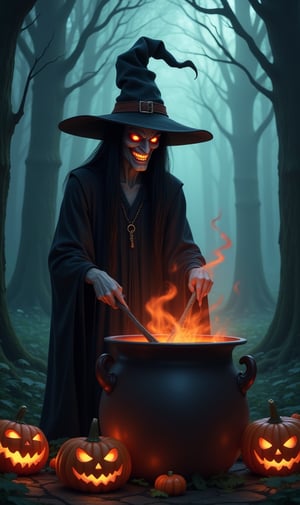 A demonic, scary witch, evil smiling face, long straight hair, sallow skin, standing, black witch dress, pointed witch hat, preparing a spelled brew in the cauldron, deep in the forest, horror movie image, halloween horror, demonic pumpkins on the ground, anime, cartton, dysney