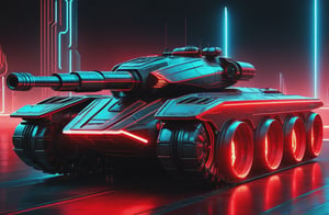 photorealistic image, masterpiece, high quality 8K, of a futuristic science fiction fantasy super flying tank, Tron legacy, black and red neon lights, good lighting, at night, sharp focus
