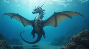 Giant mythological realistic dragon, beautiful, great wingspan, giant bird tail, diving through the ocean, submerged underwater