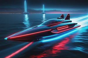 photorealistic image, masterpiece, high quality 8K, of a futuristic science fiction fantasy super long hydro jet, Tron legacy, blue and red neon lights, good lighting, sailing through the sea, at night, sharp focus