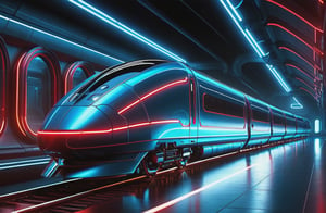photorealistic image, masterpiece, high quality 8K, of a futuristic science fiction fantasy super long train, Tron legacy, blue and red neon lights, good lighting, at night, sharp focus